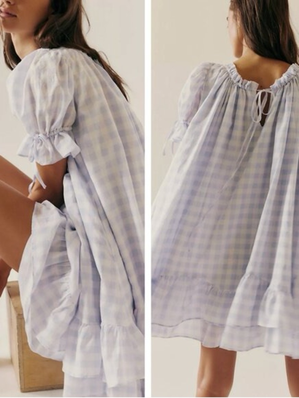 Selkie Pale Blue and White Gingham Ruffled Neck Dress